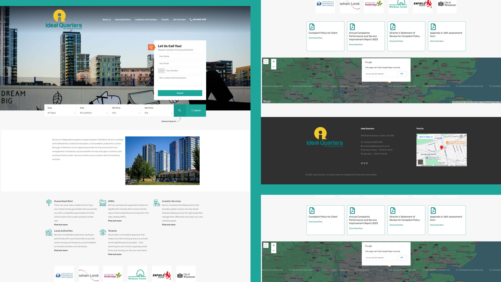 Ideal Quarters website — designed and built by Telsa Media